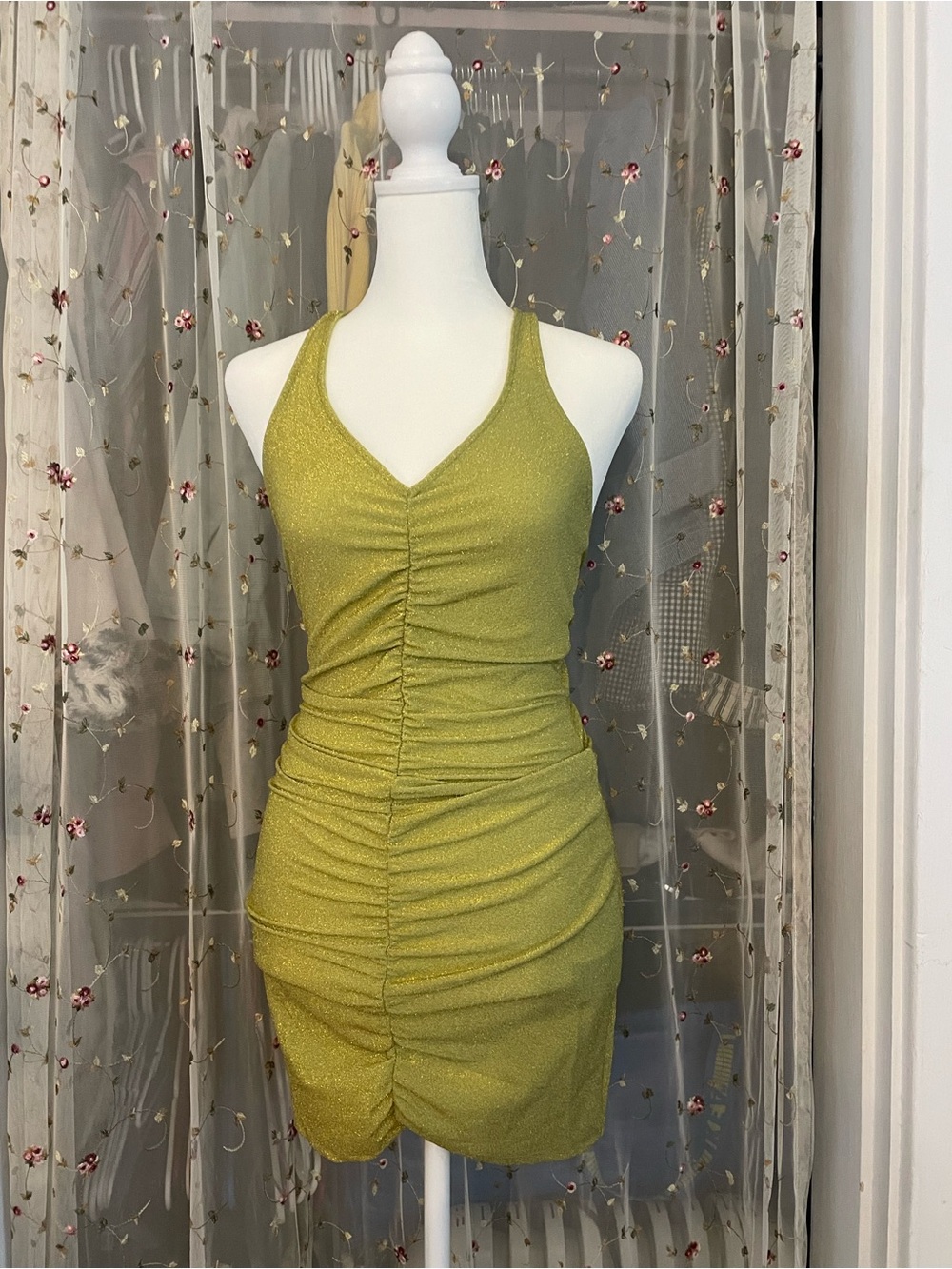 H&M Shimmery Ruched V-Neck Mini Dress in Chartreuse